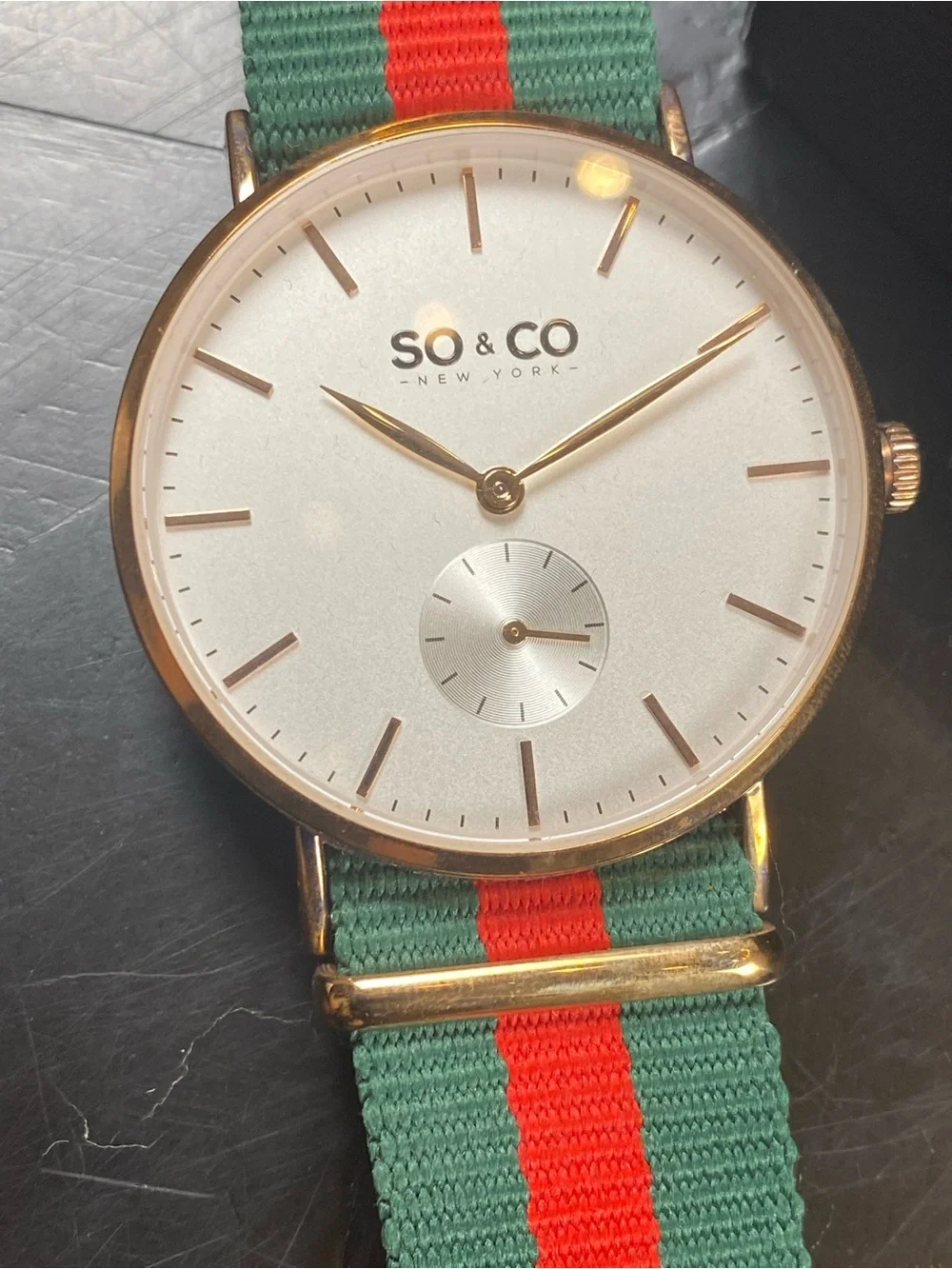 Men's Rose Gold Watch with Green and Red Nylon Strap